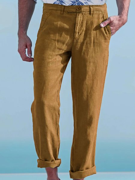 

Cotton and Linen Plain Hawaiian Casual Trousers, Deep khaki, Men's pants