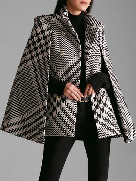 

Stand Collar Urban Houndstooth Cape Coat, Black-white, Coats