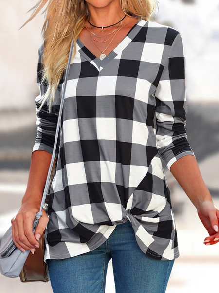 

Casual Black Checkered Print V Neck Long Sleeve T Shirt, Tunics