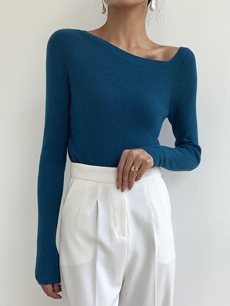 

V Neck Plain Simple Long Sleeve Sweater, Blue, Sweaters