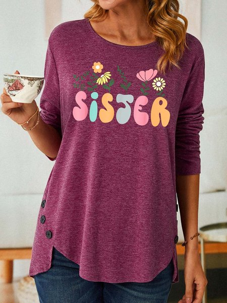 Women Flower Sister Pattern Crew Neck Casual Cotton Top, Red, Long sleeves