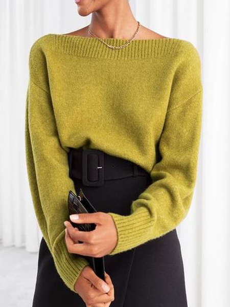 

High Elasticity Loose Boat Neck Long sleeve Sweater, Green, Sweaters