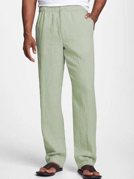 

Cotton and Linen Plain Hawaiian Casual Trousers, Lightgreen, Men's pants