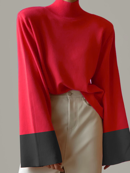 

Loose Half Turtleneck Simple Color Block Long sleeve Sweater, Red, Sweaters