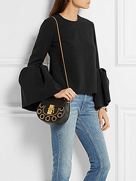 

Simple Long Sleeve Crew Neck Regular Fit Blouse, Black, Tops