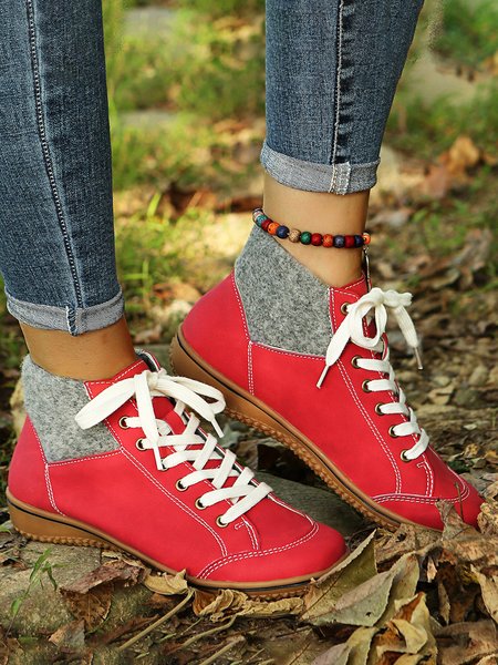 

PU Leather Suede Panel Casual Short Boots, Red, Boots