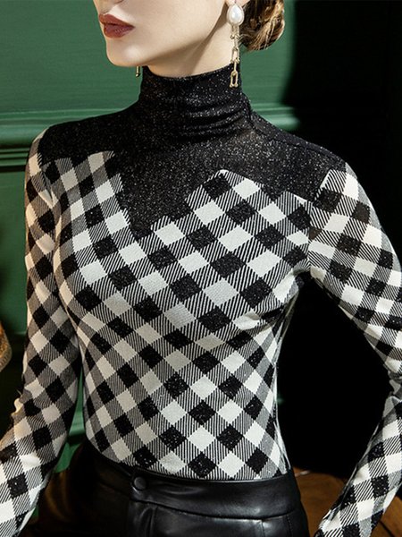 

Urban Plaid Long Sleeve Tight T-Shirt, Black-white, Tees