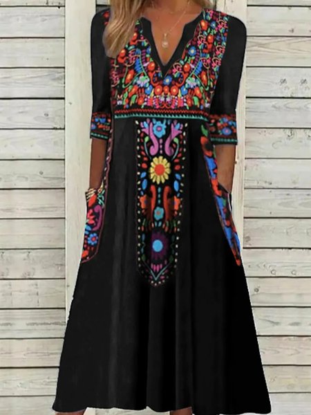

Women Boho Ethnic Three Quarter Sleeve V Neck Dress, Black, Midi Dresses