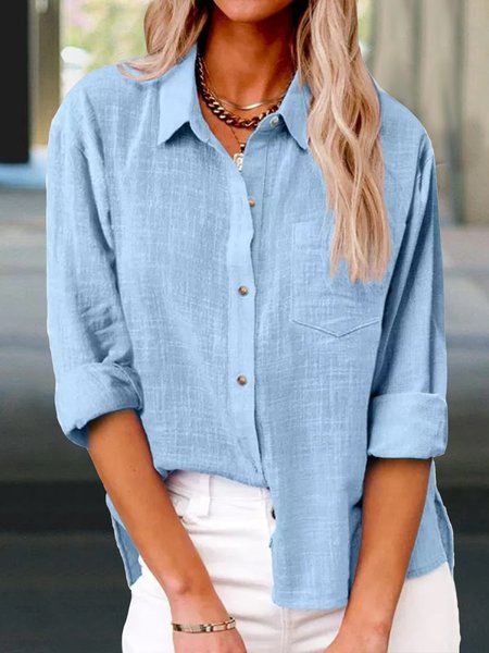 

Cotton Plain Shawl Collar Buttoned Blouse, Blue, Blouses & Shirts