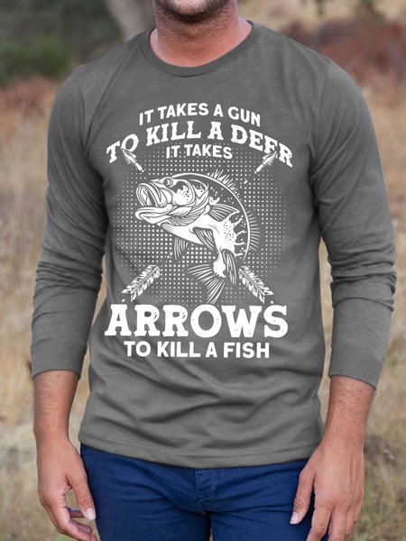 

Men Takes Arrows Kill A Fish Letters Loose T-Shirt, Gray, Long Sleeves