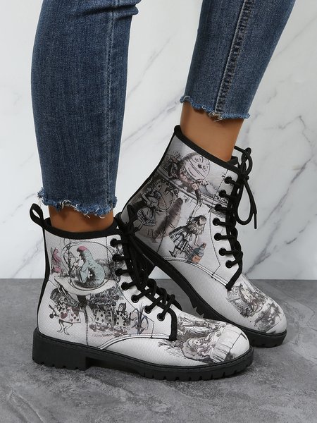 

Cartoon Print Lace Up Ankle Boots, As picture, Boots