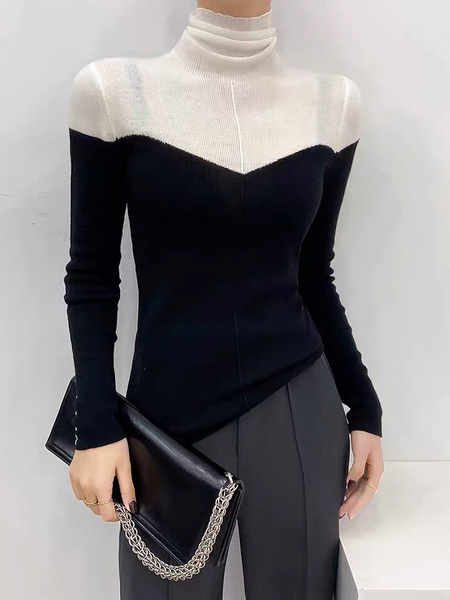 

High Elasticity Turtleneck Simple Tight Long sleeve Sweater, Black-white, Sweaters
