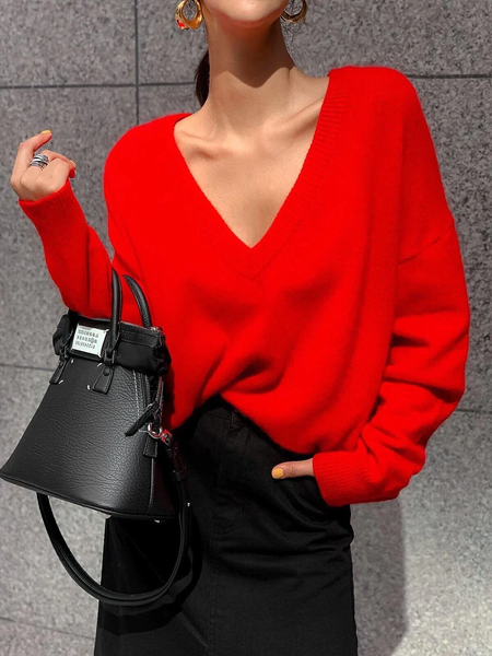 

High Elasticity Loose Plain V Neck Long sleeve Sweater, Red, Sweaters