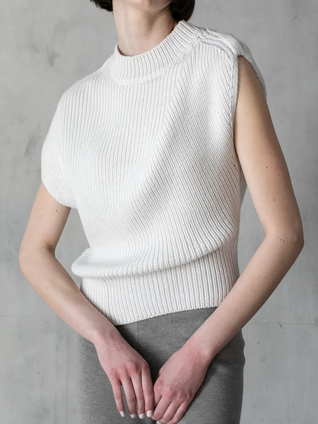 

High Elasticity Plain Loose Stand Collar Sleeveless Sweater, Off white, Sweaters