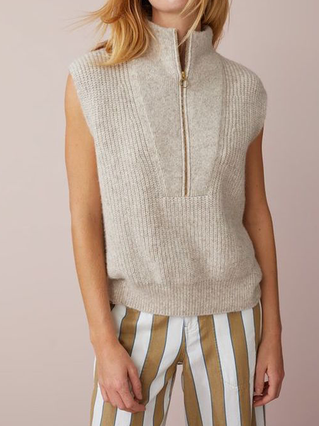 

High Elasticity Stand Collar Sleeveless Loose Plain Sweater, As picture, Sweaters
