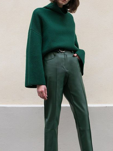 

High Elasticity Loose Turtleneck Long sleeve Plain Urban Sweater, Green, Sweaters