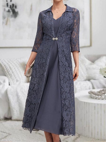 

Lace Chiffon jacket dress wedding party two piece set plus size, Navyblue, Suit Set