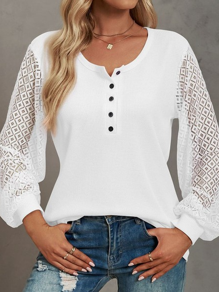 

Loose Crew Neck Lace Top, White, Tops