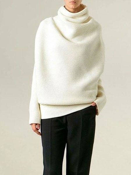 

Daily Long sleeve Turtleneck Plain Regular Fit Sweater, White, Sweaters