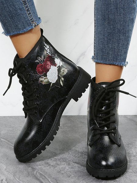 

Rose Print Lace-up Ankle Boots, Black, Boots