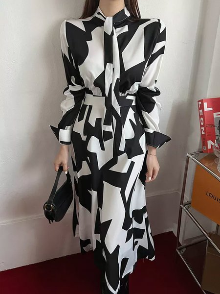 

Daily Midi Long sleeve Geometric Regular Fit Dress, Black, Midi Dresses