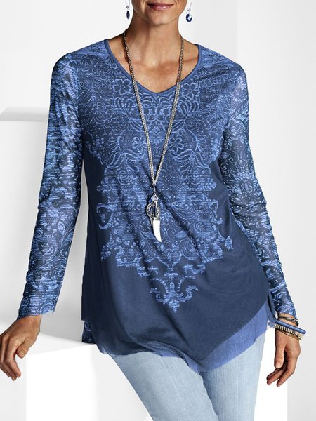 

Casual Regular Fit Crew Neck Ethnic Asymmetric Tops, Blue, Tunics