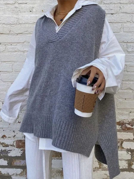 

Gray Daily Simple Regular Fit V Neck Sweater, Sweaters