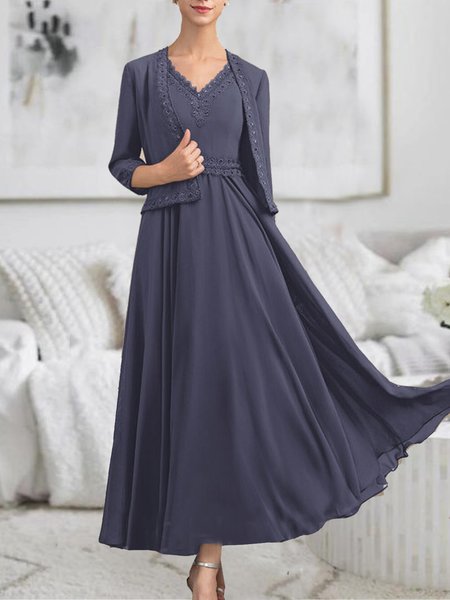 

Chiffon Lace Wedding Party jacket with two piece suit plus size, Navyblue, Dresses