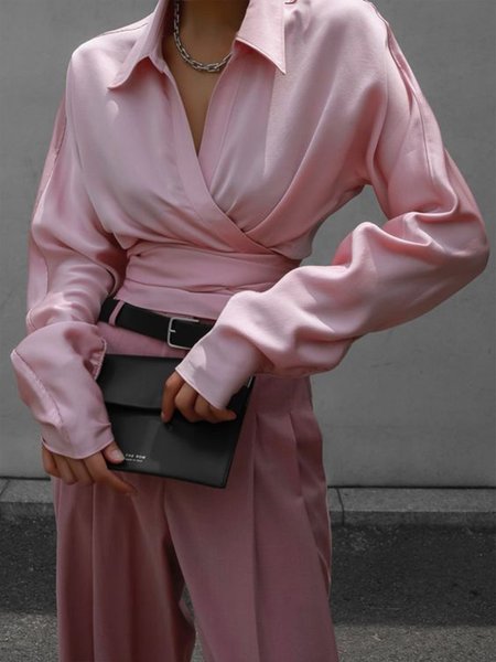 

Daily Long sleeve Cross Neck Plain Urban Blouse, Pink, Blouses and Shirts