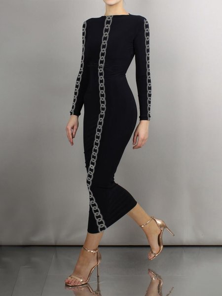 

Elegant Polka Dots Tight Long Sleeve Maxi Dress, Black, Midi Dresses
