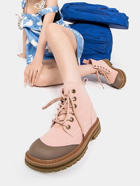 

British Style Stitching Lace-Up Platform Boots, Pink, Boots