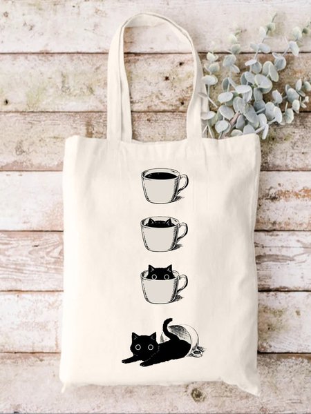 

Cup Cat Playing Around Graphic Shopping Tote, White, Bags