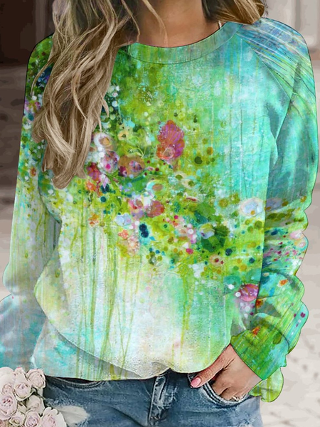 

Womens Flower Painting Casual Crew Neck Sweatshirt, As picture, Hoodies&Sweatshirts