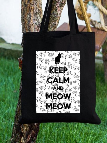 

Keep Calm And Meow Graphic Shopping Tote, Black, Bags