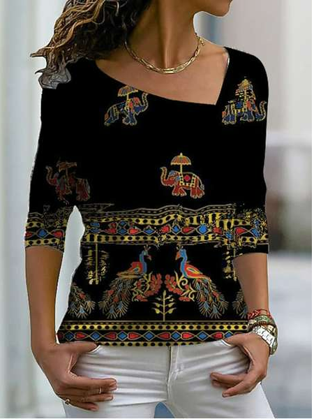 

V Neck Casual Ethnic T-Shirt, Black, T-Shirts