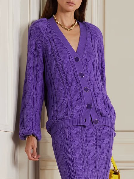 

V Neck Simple Long Sleeve Sweater Coat, Purple, Cardigans