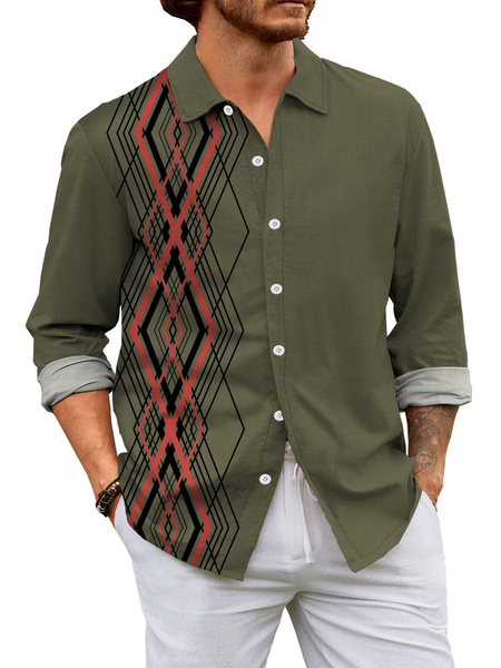 

Geometric stripe printed cotton linen collar and comfortable linen shirt, As picture, Long Sleeve Shirts
