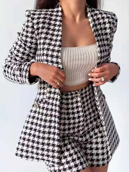 

Plaid Urban Loose V neck Long sleeve Blazer, Black, Blazers