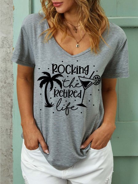 

Women Rocking The Retired Life Cotton-Blend Text Letters Casual T-Shirt, Gray, T-shirts