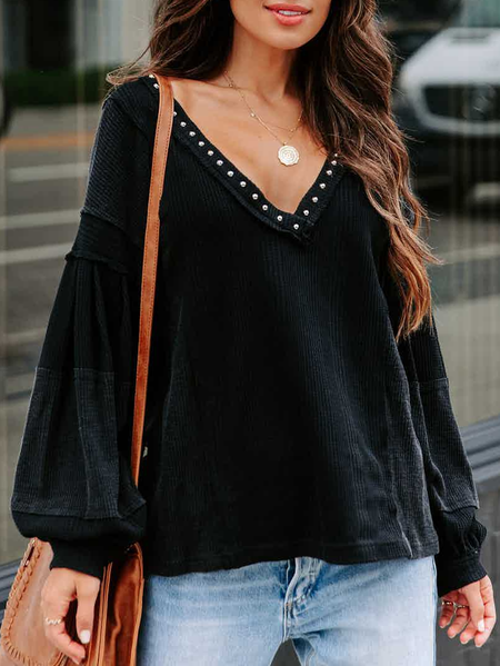 

Cotton-Blend V Neck Plain Top, Black, Tops