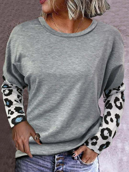 

Round Neck Casual Loose Leopard Print Long Sleeve T-shirt, Gray, T-Shirts