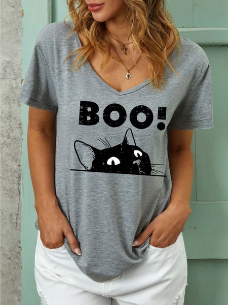 

Women Black Cat Boo Halloween Casual T-Shirt, Gray, T-shirts