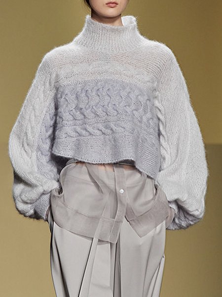 

Lantern Sleeve Loose Crew Neck Sweater, White-gray, Sweaters