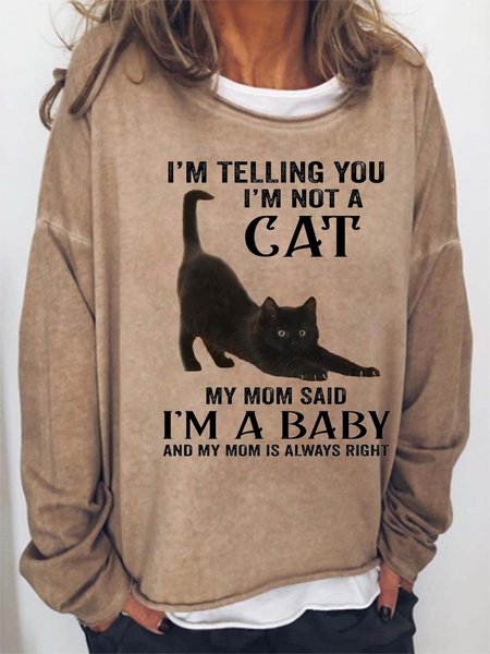 Women Cat Baby Mom Said Letters Crew Neck Cat Sweatshirt, Khaki, Hoodies&Sweatshirts