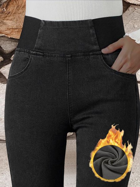 

High Waist Warmth Plain Denim Casual Tight Jeans, Black, Pants