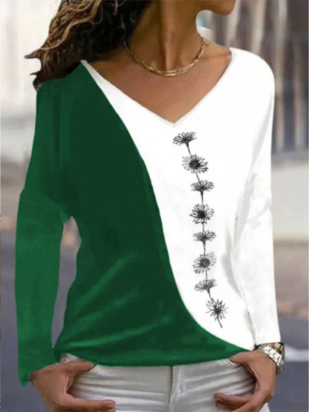 

Casual V Neck Floral Loose Long Sleeve T-Shirt, Green, T-Shirts