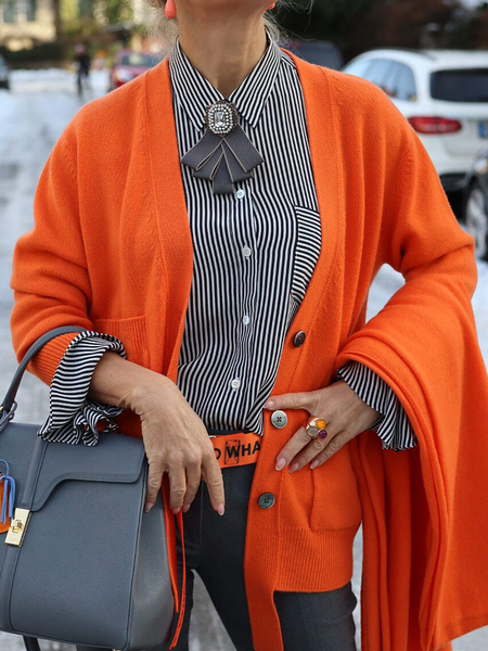 

High Elasticity Loose V Neck Long sleeve Plain Sweater Coat, Orange, Cardigans