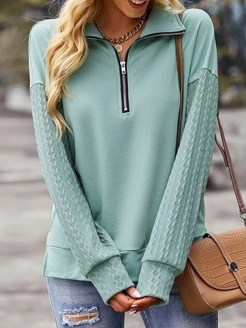 

Zipper Plain Shawl Collar Loose Sweatshirt, Lightgreen, Sweatshirts & Hoodies