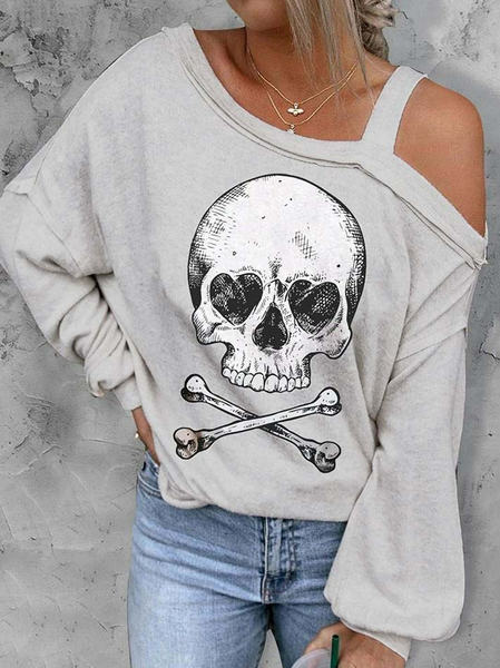 

Casual Halloween One Shoulder Lantern Sleeve Sweatshirts, Light gray, Sweatshirts & Hoodies