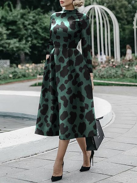 

Long sleeve Leopard Regular Fit Midi Dress, Green, Midi Dresses